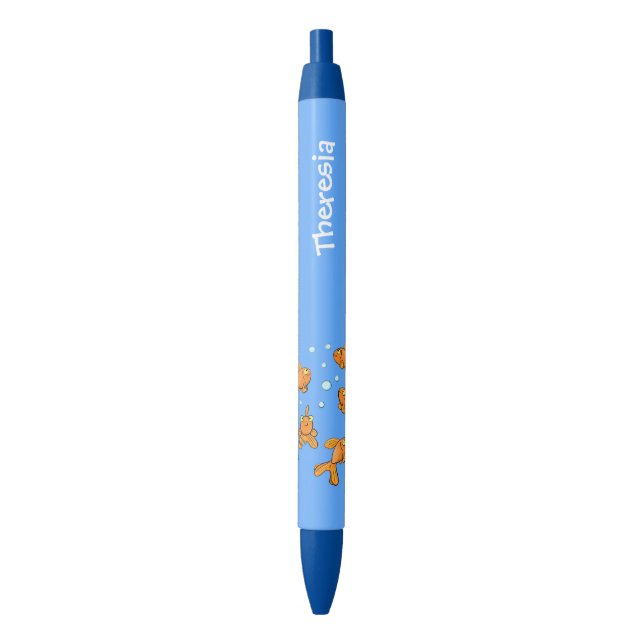 Cute orange goldfish on blue cartoon illustration black ink pen (Front Vertical)