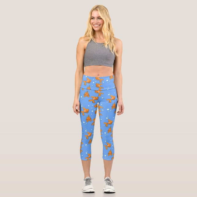 Cute orange goldfish on blue cartoon illustration capri leggings (Front)