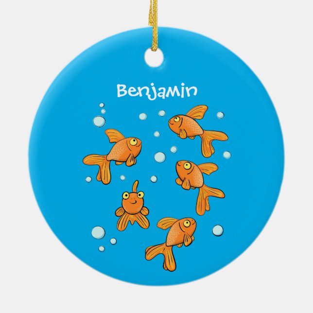 Cute orange goldfish on blue cartoon illustration ceramic ornament (Back)