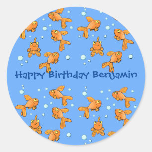 Cute orange goldfish on blue cartoon illustration classic round sticker