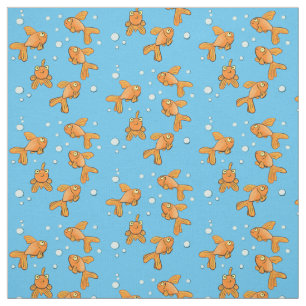 Cute orange goldfish on blue cartoon illustration fabric