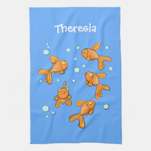 Cute orange goldfish on blue cartoon illustration kitchen towel