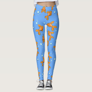 Cute orange goldfish on blue cartoon illustration leggings