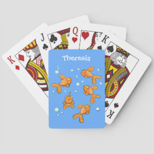 Cute orange goldfish on blue cartoon illustration playing cards