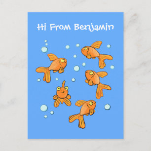 Cute orange goldfish on blue cartoon illustration postcard