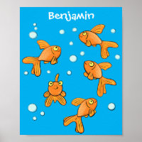 Cute orange goldfish on blue cartoon illustration