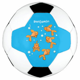 Cute orange goldfish on blue cartoon illustration soccer ball