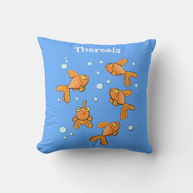 Cute orange goldfish on blue cartoon illustration throw pillow (Front)