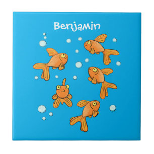 Cute orange goldfish on blue cartoon illustration tile