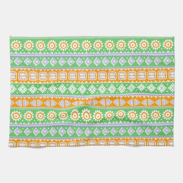 Cute orange green ethnic patterns design kitchen towel (Horizontal)