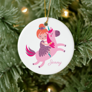 Cute Orange Haired Girl Riding on a Unicorn Ceramic Ornament