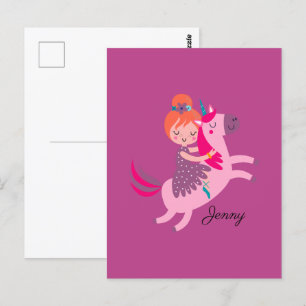 Cute Orange Haired Girl Riding on a Unicorn Postcard