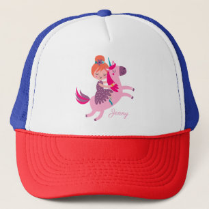 Cute Orange Haired Girl Riding on a Unicorn Trucker Hat