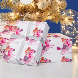 Cute Orange Haired Girl Riding on a Unicorn Wrapping Paper