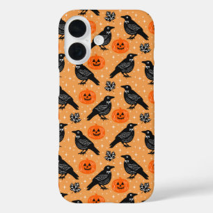 Cute Orange Halloween Crow Pumpkin Pattern  iPhone 16 Case
