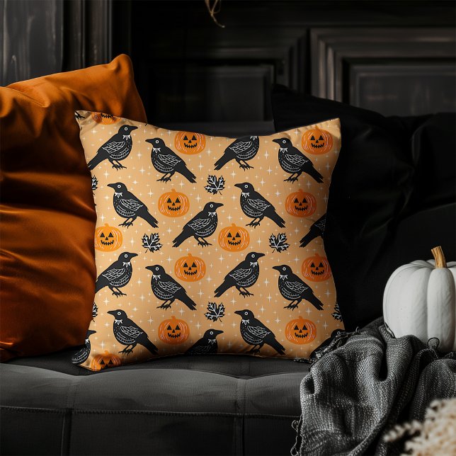 Cute Orange Halloween Crow Pumpkin Pattern  Throw Pillow (Creator Uploaded)
