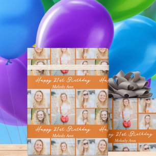 Cute Orange Happy Birthday Photo Collage Custom Wrapping Paper