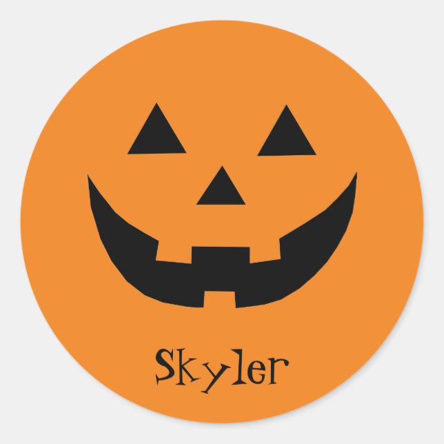 Cute orange Jack o lantern custom name Halloween Classic Round Sticker (Front)