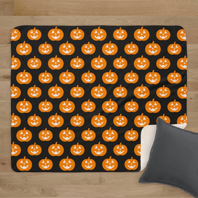 Cute Orange Jack o Lantern Halloween Pattern Sherpa Blanket (Creator Uploaded)