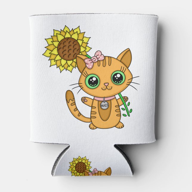 Cute Orange Kawaii Cat with Sunflower Can Cooler (Front)