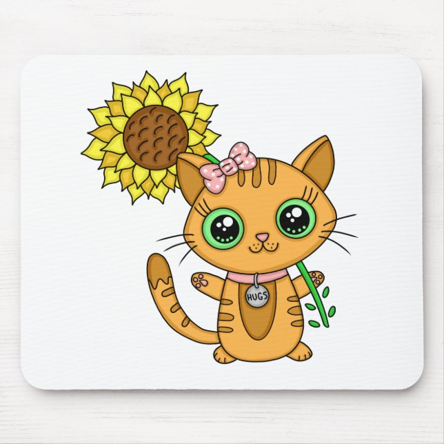 Cute Orange Kawaii Cat with Sunflower Mouse Pad (Front)