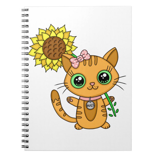 Cute Orange Kawaii Cat with Sunflower Notebook (Front)