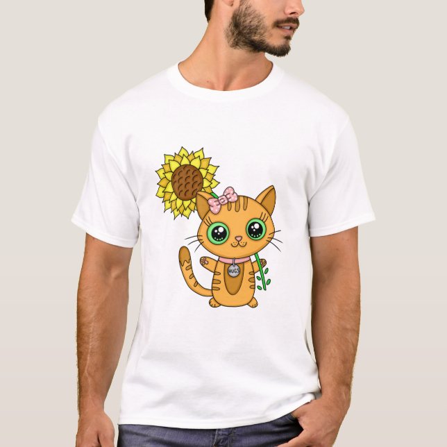 Cute Orange Kawaii Cat with Sunflower T-Shirt (Front)