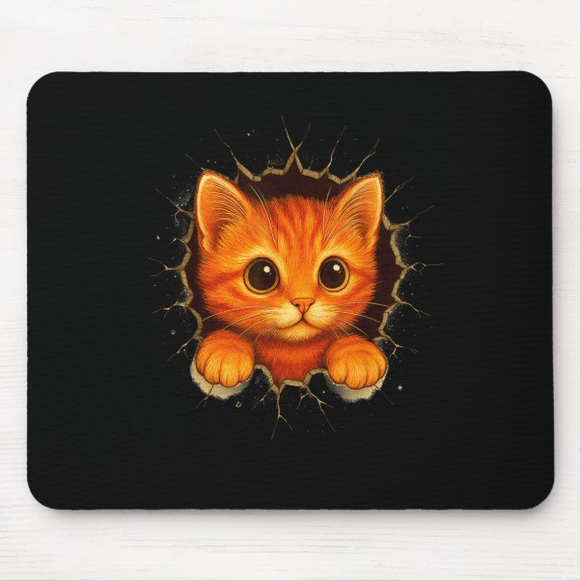 Cute Orange Kitten Cracks Mug Wall Funny Cat Lover Mouse Pad (Front)