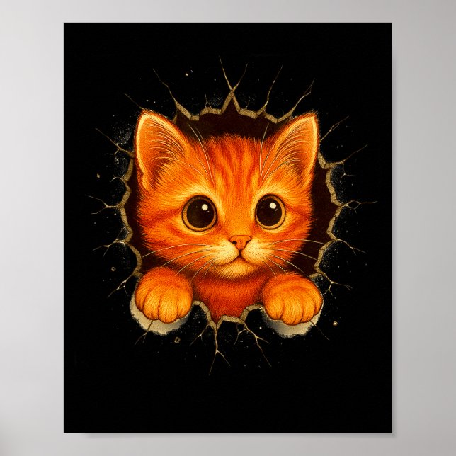 Cute Orange Kitten Cracks Mug Wall Funny Cat Lover Poster (Front)