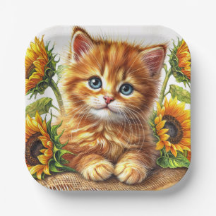 Cute Orange Kitten with Sunflowers Watercolor Paper Plate