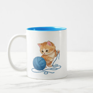Cute Orange Kitten with Yarn Ball Two-Tone Coffee Mug