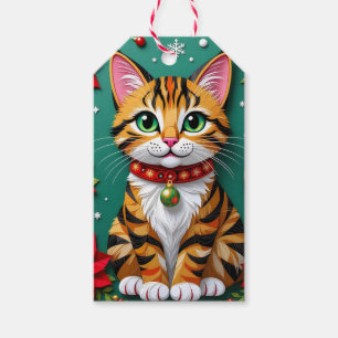 Cute Orange Kitty Cat and Poinsettia Christmas Gift Tags