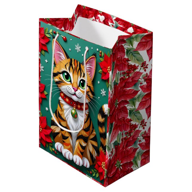 Cute Orange Kitty Cat and Poinsettia Christmas Medium Gift Bag (Front Angled)