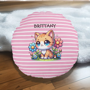 Cute Orange Kitty Cat in Flowers Personalized Round Pillow
