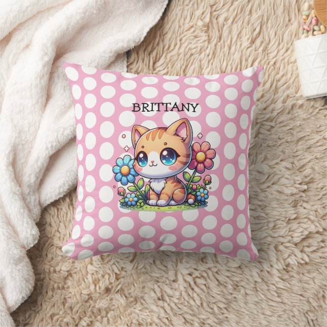 Cute  Orange Kitty Cat in Flowers Personalized Throw Pillow (Blanket)