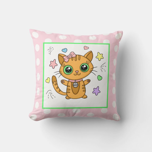 Cute Orange Kitty Cat pink Polka Dot Throw Pillow (Front)