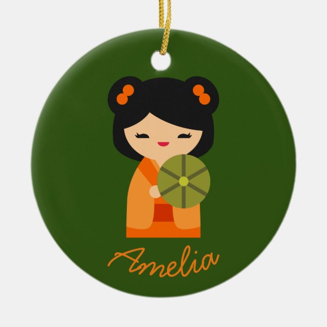 Cute orange Kokeshi Japanese dolls Ceramic Ornament (Front)