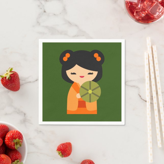 Cute orange Kokeshi Japanese dolls Napkin (Insitu)