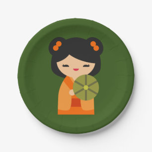 Cute orange Kokeshi Japanese dolls Paper Plate