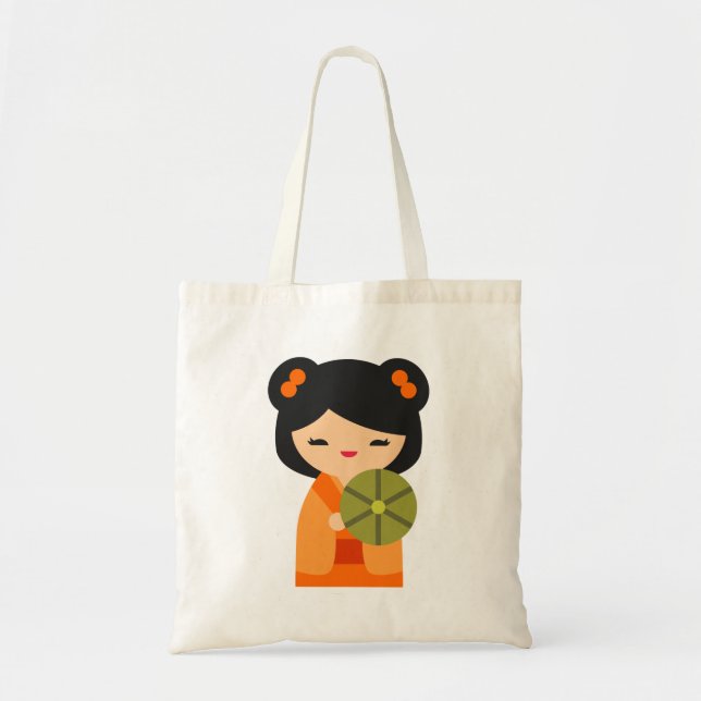 Cute orange Kokeshi Japanese dolls Tote Bag (Front)