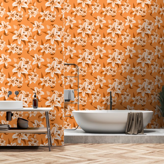 Cute Orange Lily Flower Pattern Wallpaper (Bathroom)