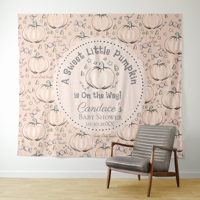 Cute Orange Little Pumpkin Baby Shower Backdrop Tapestry (In Situ (Horizontal))