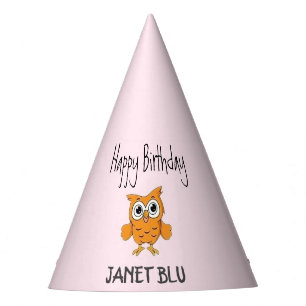 Cute orange owl happy birthday on pink party hat