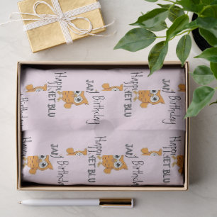 Cute orange owl happy birthday on pink tissue paper