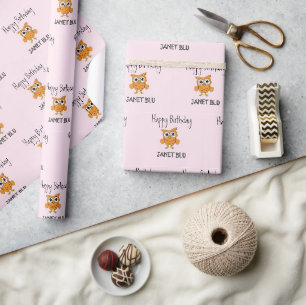 Cute orange owl happy birthday on pink wrapping paper