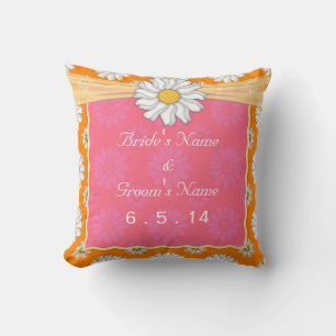 Cute Orange Pink and White Floral Daisy Wedding Throw Pillow