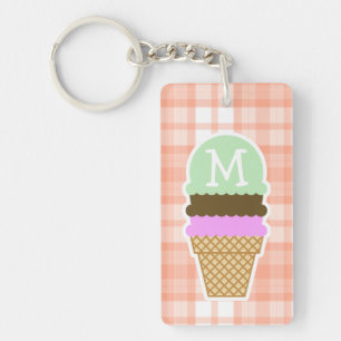 Cute Orange Plaid; Ice Cream Cone Keychain