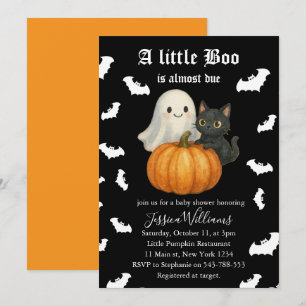Cute Orange Pumpkin Cat Bats Halloween Baby Shower Invitation
