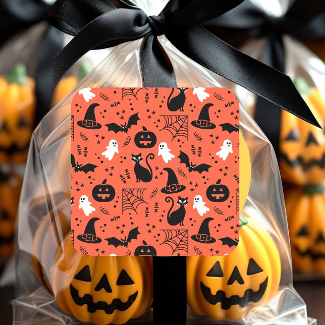 Cute Orange Pumpkin Ghost Halloween Pattern Square Sticker (Creator Uploaded)