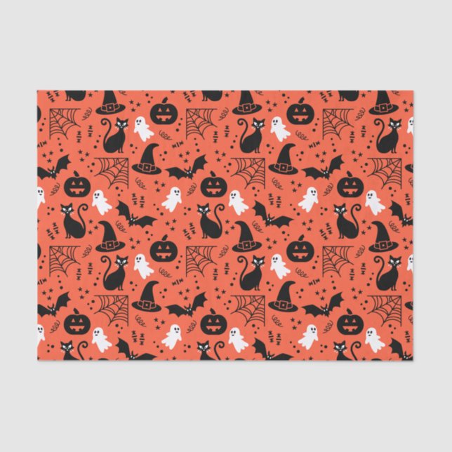 Cute Orange Pumpkin Ghost Halloween Pattern Tissue Paper (Front)